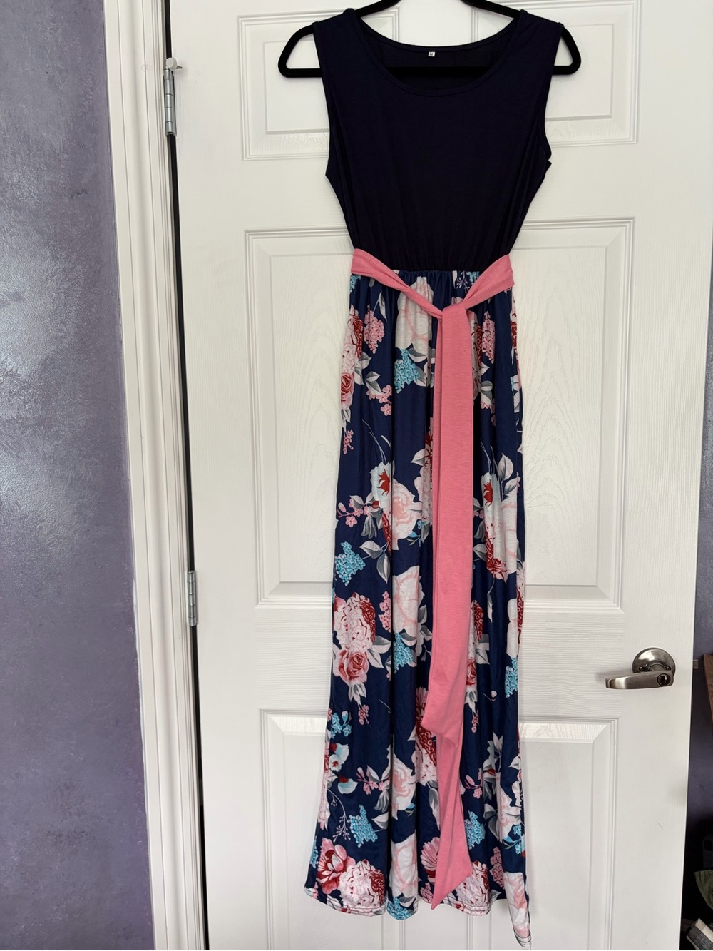 Navy Floral Maxi Dress with Pink Sash - Women's Summer Dress